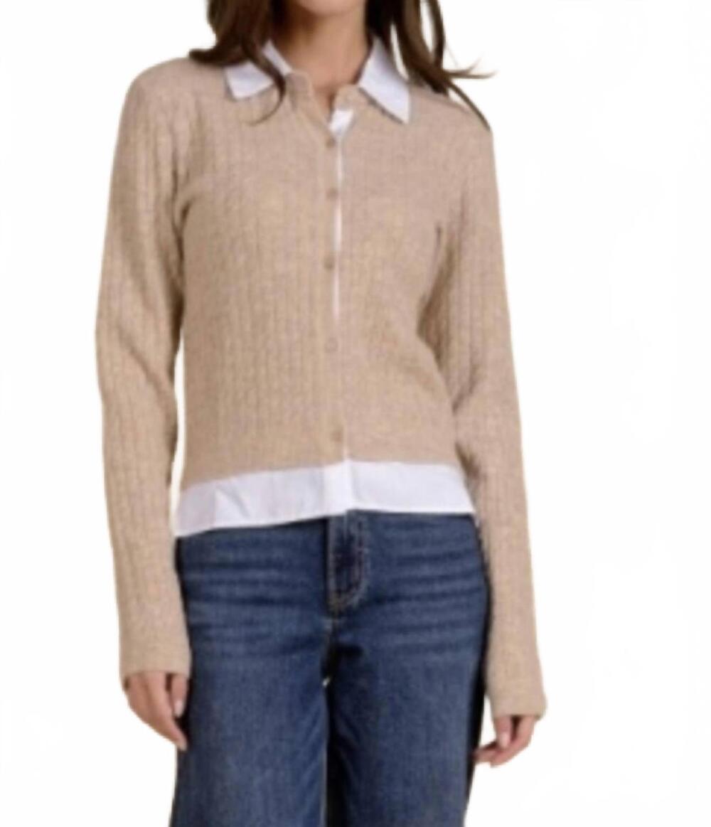 NEW ELAN cable knit cardigan with shirt in tan white